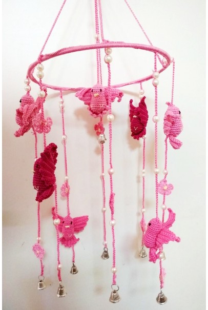 Happy Threads Birds Design Crochet Wind Chimes for Home (Pink & Red)